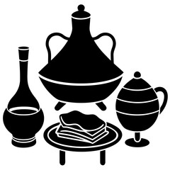 Table Setting with Tajine, Tea, and Bread Silhouette Vector