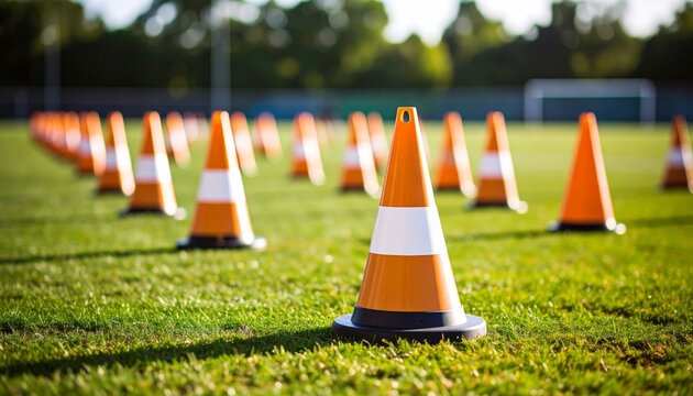 Agility Training Drills with Cones Set Up in Field for Improved Performance and Skills Development - Powered by Adobe