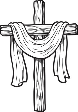 Wooden cross with draped cloth illustration on white background