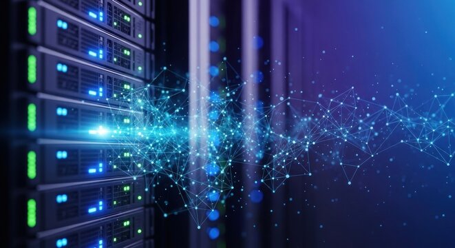 A server room with multiple servers and a glowing network of connections. - Powered by Adobe