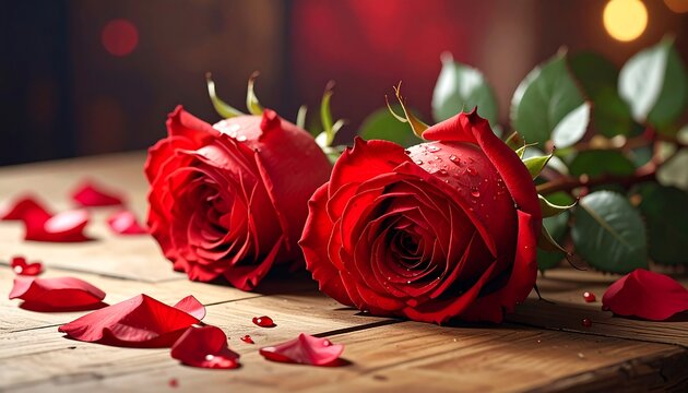 Two vibrant red roses with water droplets and scattered petals rest on a rustic wooden surface. Soft bokeh in the background - Powered by Adobe