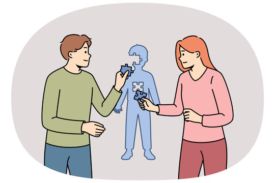 Formation of child personality thanks to parents assembling kid figure from puzzles. Caring mom and dad raise son together, creating successful and psychologically stable child personality - Powered by Adobe