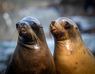 Two sea lions, close up, pose together. The animals have brown and tan coats, whiskers, and dark eyes, gazing upwards against a blurred background