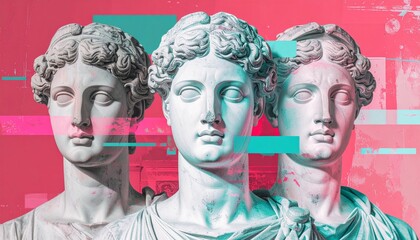 High-Fidelity Digital Collage of Ancient Statues with Glitch Effects in a Studio Setting