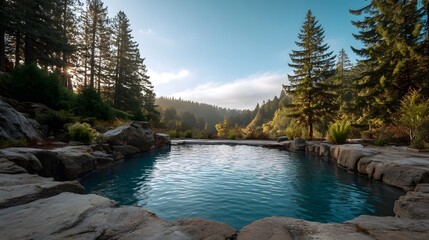 A serene natural pool with clear blue water edged by rocks and surrounded by evergreen trees during golden hour with rolling hills in the background
