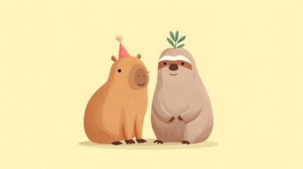 Obraz premium Charming illust n of a happy capybara in a pink party hat and a gentle sloth with a sprout on its head presented on a plain pastel yellow backdrop embodying friendship and celeb n
