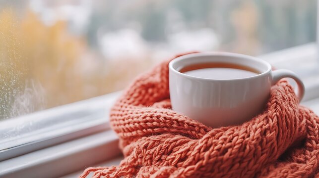 Cozy up this autumn with a steaming cup of herbal tea wrapped in a chunky knit scarf watching the rain fall outside your window for ultimate relaxation - Powered by Adobe