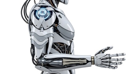 Upper body of a futuristic humanoid robot with detailed mechanical parts and joints. Advanced android technology concept on a clean white background.