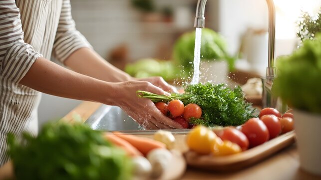 Person s hands rinsing a bunch of fresh tomatoes and dill under a faucet in a kitchen sink surrounded by other colorful vegetables like carrots and peppers
