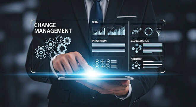 Businessman utilizing virtual change management interface system - Powered by Adobe