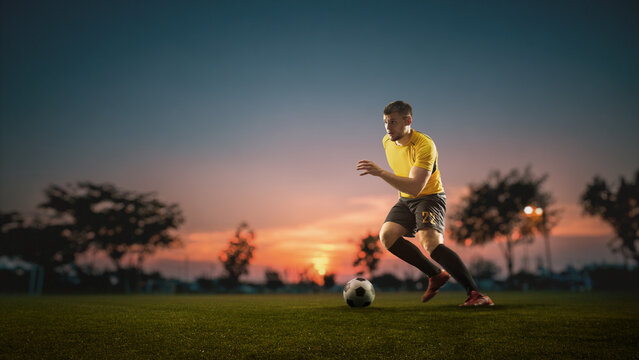Soccer player dribbling ball at sunset on field. Concept of coordination, technique, balance for football training, coaching visuals, and athletic performance design. Handmade collage