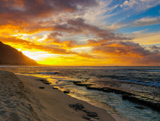 Waves Washing Over Exposed Coral Reef on the Shoreline of Kaena Point State Park at Sunset ,Oahu, Hawaii, USA