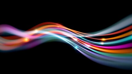 Abstract depiction of vibrant colorful light streams flowing and curving smoothly with luminous flares creating a futuristic and energetic digital motion effect on a black backdrop