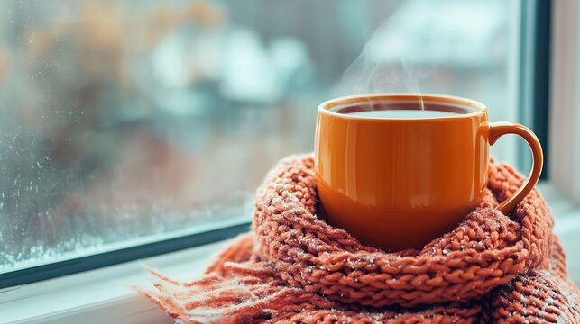 Cozy up this winter with a steaming hot beverage and a warm scarf during a snowy day indoors, creating a relaxing and comforting atmosphere