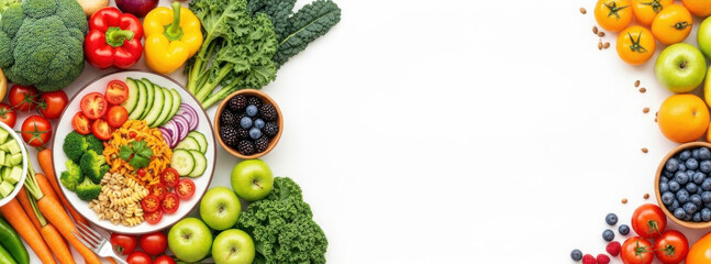 A colorful arrangement of fresh vegetables and fruits on a white background.