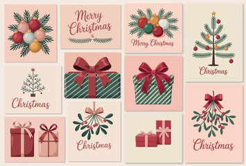 Merry Christmas Collection with Gift Boxes, Christmas Tree, and Holiday Decorations