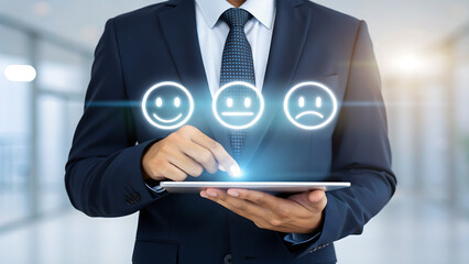Digital Feedback Interface – Businessman Selecting Positive Satisfaction Emoticon on Tablet in Office Setting