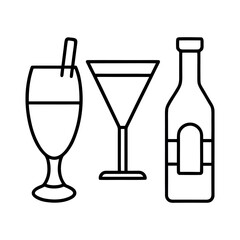 Line art icons of a beer mug, a wine glass, a cocktail glass, and a champagne bottle, on a white background.