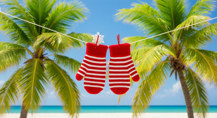 Tropical Christmas decoration concept with red mittens hanging between palm trees on a sunny beach. For holiday travel agencies, greeting cards, and seasonal promotions.