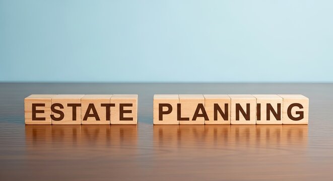 Estate planning word spelled on wooden blocks on a table surface