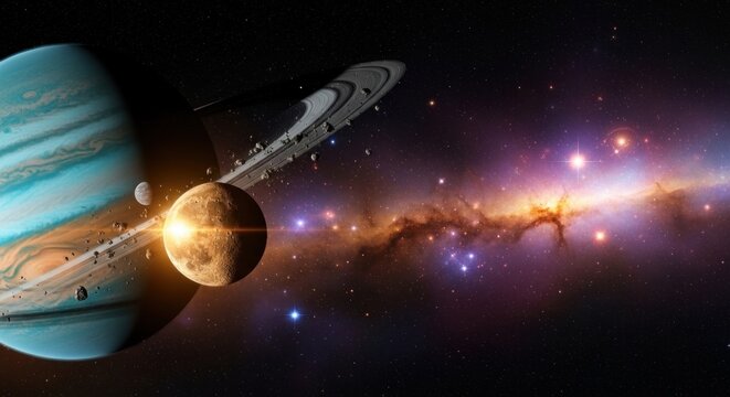 A vibrant space scene with planets, moons, and stars in a cosmic backdrop. - Powered by Adobe