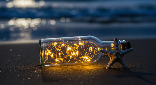 Magical beach celebration idea with a glass bottle filled with glowing lights on the sand at dusk. For event invitations, romantic blog posts, and decorative concepts.