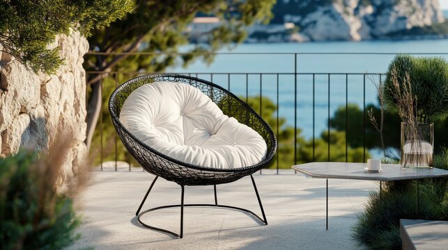 Woven black chair with plush white cushion on sunny terrace overlooking ocean - Powered by Adobe