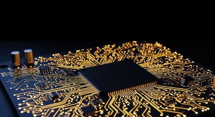 A computer chip with golden circuit patterns on a black background.