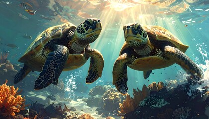 Two sea turtles, illuminated by sunlight, glide beneath the ocean's surface, amid colorful coral reefs. The vibrant aquatic scene showcases underwater life