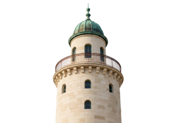 Isolated turret with domed roof and iron railings, stone building exterior, architecture design