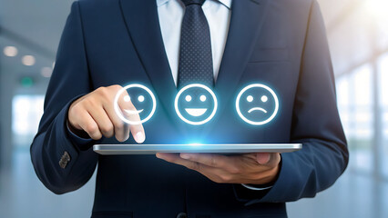 Digital Feedback Interface – Businessman Selecting Positive Satisfaction Emoticon on Tablet in Office Setting
