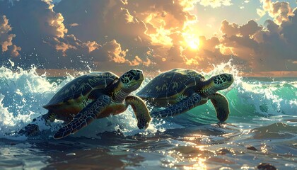Two sea turtles glide through ocean waves near the shore, golden sunlight beaming through fluffy clouds in the background