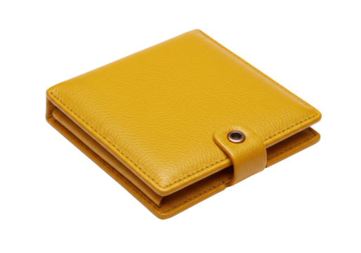 Isolated yellow leather wallet with strap and metal snap, lying flat on surface