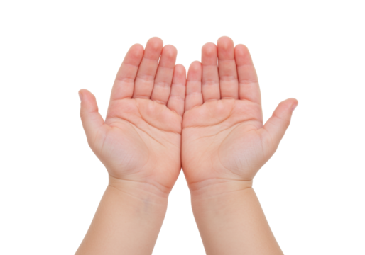Isolated hands of a young child cupped upwards, fingers extended, pink fleshy human skin