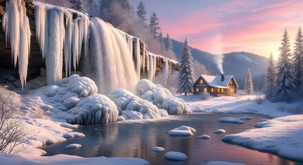 Idyllic winter scene of a snow covered cabin near a frozen waterfall at sunset in a serene landscape