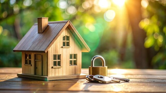 Wooden House Model with Lock and Keys, Outdoors.