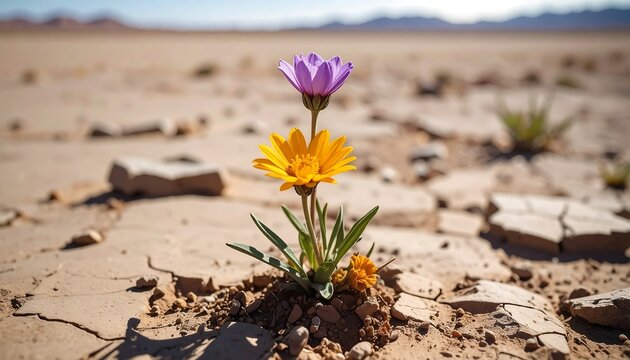 Two vibrant wildflowers, one purple and one yellow, bloom bravely from cracked desert earth, under a bright sunny sky