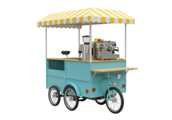 Isolated portable coffee cart machine on tricycle wheels, business, equipment, food service
