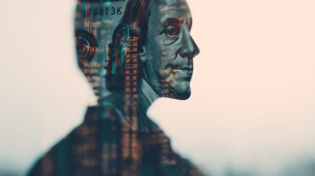 A double exposure image showcasing a profile of a man layered with financial data and urban elements, reflecting themes of money and industry.