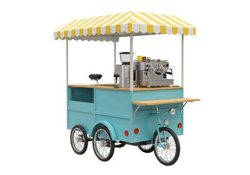 Isolated portable coffee cart machine on tricycle wheels, business, equipment, food service
