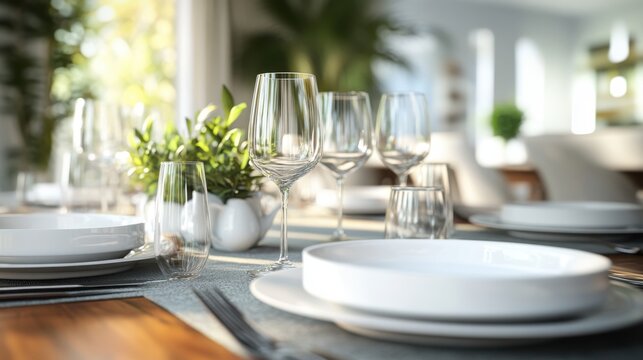 Elegant table setting with clear glasses and white dishes - Powered by Adobe