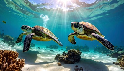 Two sea turtles swim gracefully near coral reef in shimmering sunlight. Underwater scene captures ocean life
