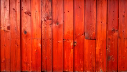 Fototapeta premium Vertical, wooden planks are featured in a close-up view. The planks are stained a vibrant reddish-orange, revealing the natural wood grain. The nails are partially visible