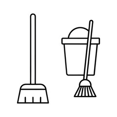 Line art icons of a bucket, a broom, a mop, and a vacuum cleaner, on a white background.