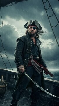 Pirate man with sword standing on wooden ship deck during stormy weather at sea, adventure concept footage