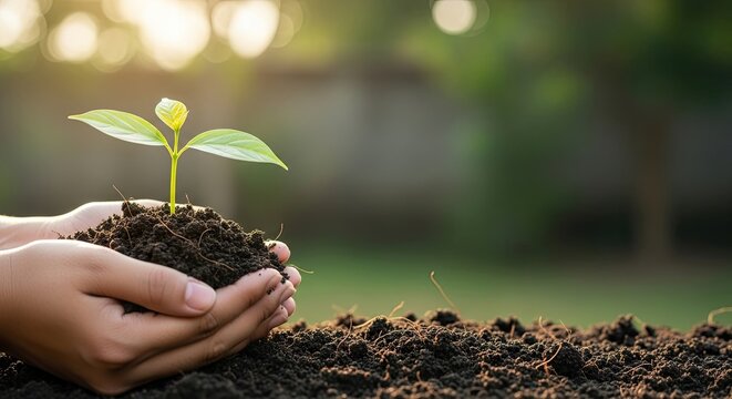 Nurturing new life small plant seedling grows in hands with soil - Powered by Adobe