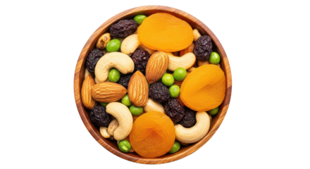 Overhead shot of trail mix in wooden bowl