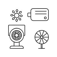 Line art icons of a fan, an AC unit, a room heater, and a window, on a white background.