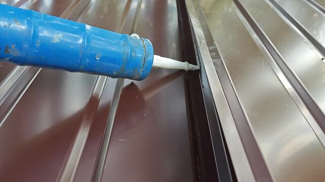 Applying silicone sealant to a metal sheet joint using an applicator gun. Close-up of a blue construction gun dispensing sealant, filling the seam between the brown metal roof sheets