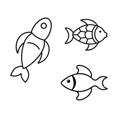 Line art icons of a fish, a turtle, an octopus, and a dolphin, on a white background.